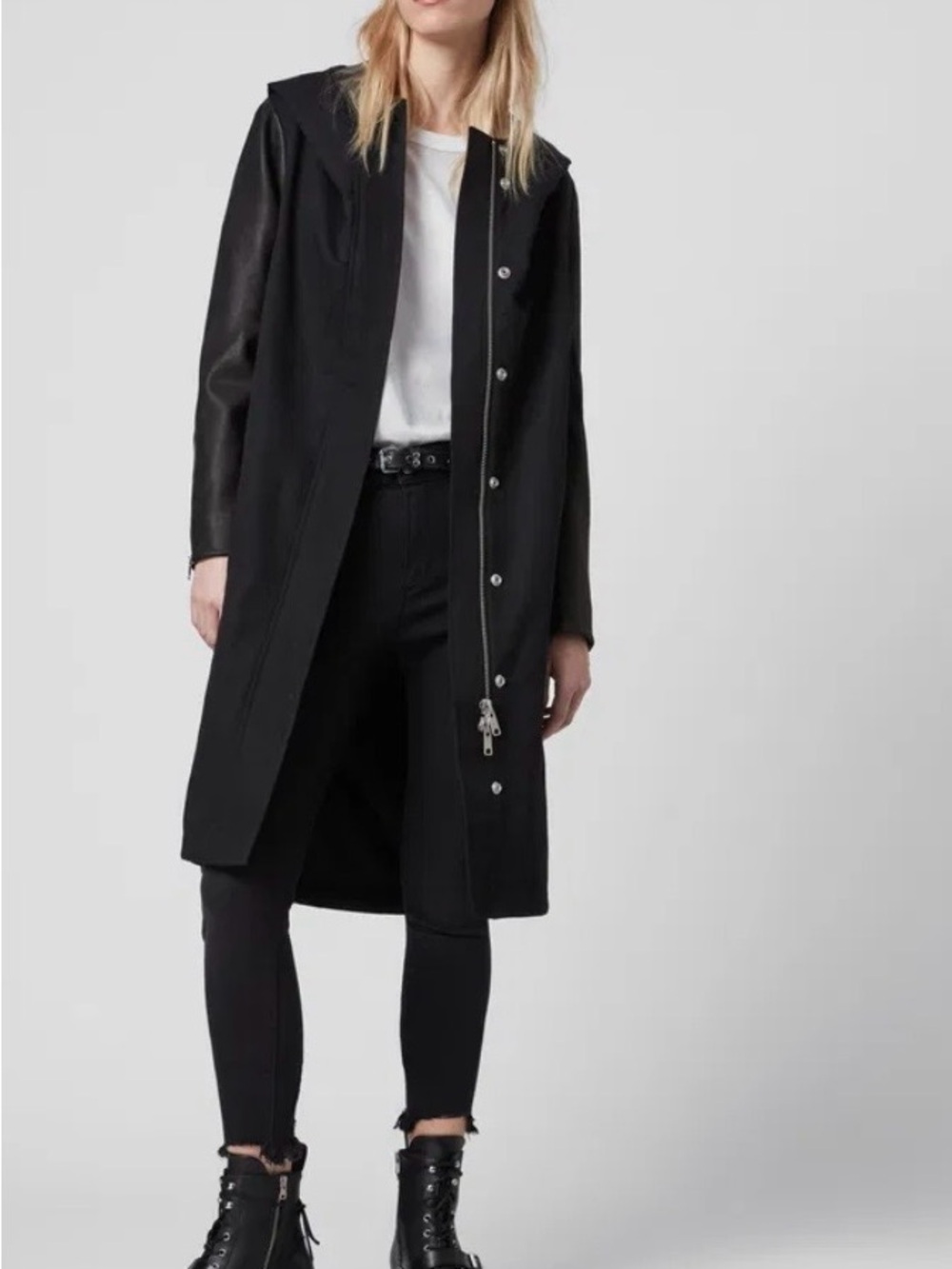 All Saints Long Black Hooded Women's Coat